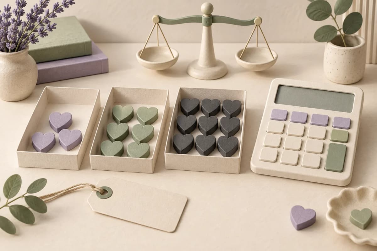 Calculatrice, balance et groupes de cœurs illustrant la comparaison des quantités et des prix.