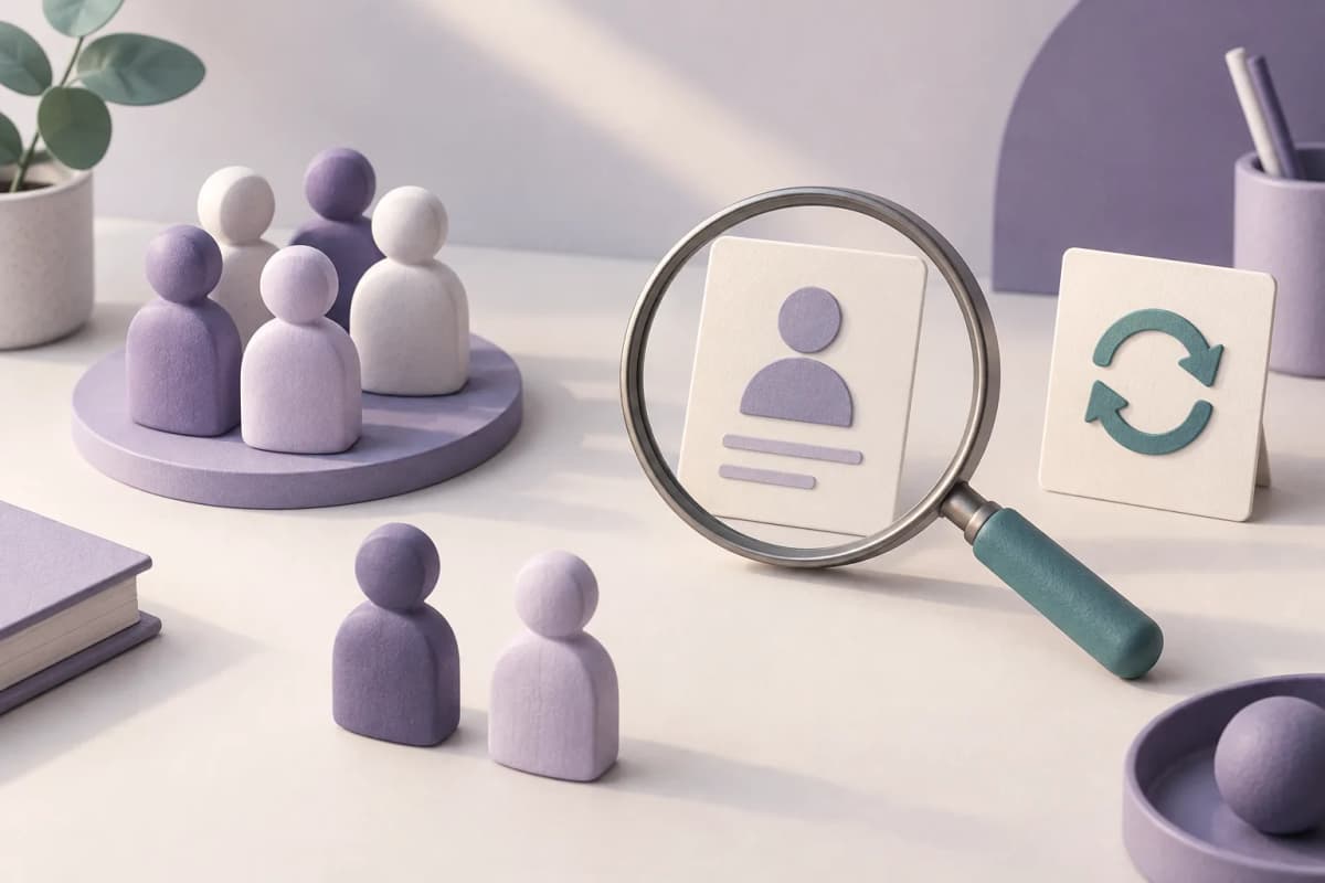 Illustration conceptuelle de silhouettes, d’un profil examiné à la loupe et d’un symbole de remplacement séparé.