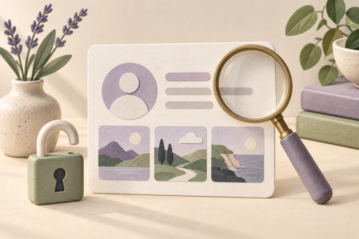 Illustration conceptuelle d’un profil en papier, de publications, d’une loupe et d’un cadenas ouvert.